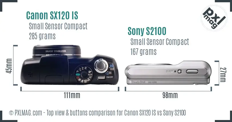 Canon SX120 IS vs Sony S2100 top view buttons comparison Canon SX120 IS vs Sony S2100 top view buttons comparison