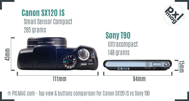 Canon SX120 IS vs Sony T90 top view buttons comparison