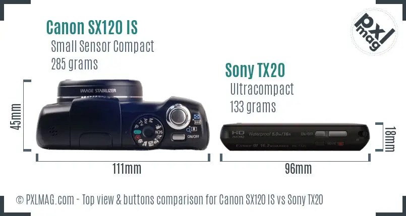 Canon SX120 IS vs Sony TX20 top view buttons comparison
