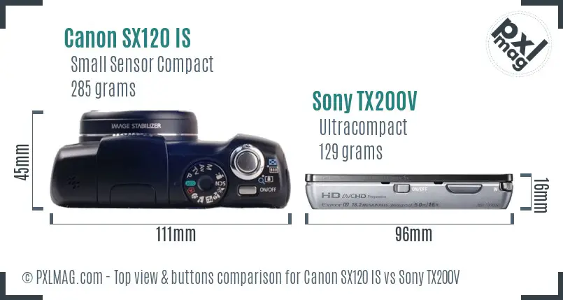 Canon SX120 IS vs Sony TX200V top view buttons comparison Canon SX120 IS vs Sony TX200V top view buttons comparison