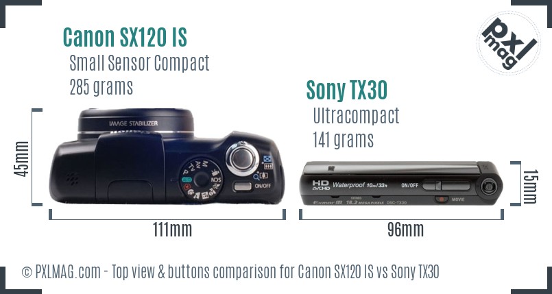 Canon SX120 IS vs Sony TX30 top view buttons comparison