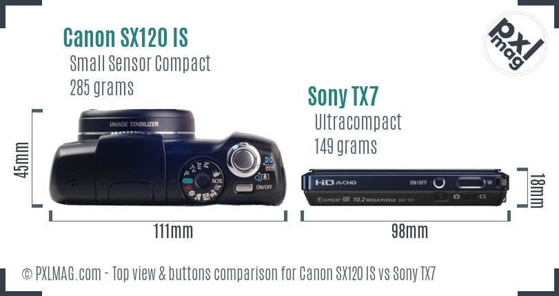 Canon SX120 IS vs Sony TX7 top view buttons comparison