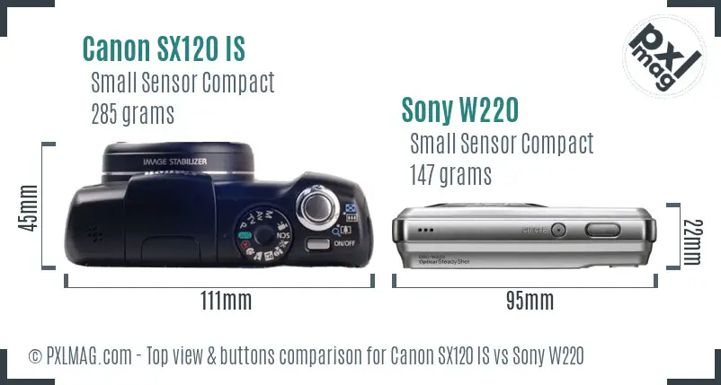 Canon SX120 IS vs Sony W220 top view buttons comparison
