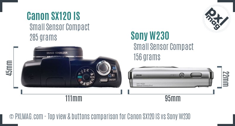 Canon SX120 IS vs Sony W230 top view buttons comparison