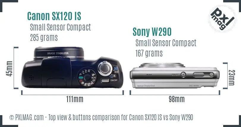 Canon SX120 IS vs Sony W290 top view buttons comparison