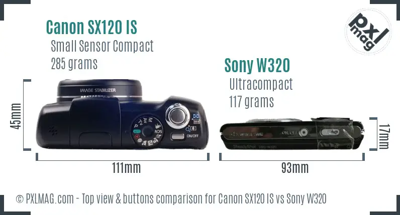 Canon SX120 IS vs Sony W320 top view buttons comparison