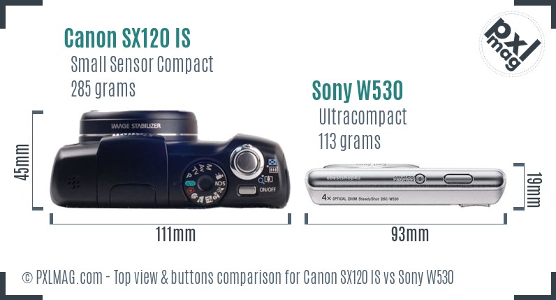 Canon SX120 IS vs Sony W530 top view buttons comparison