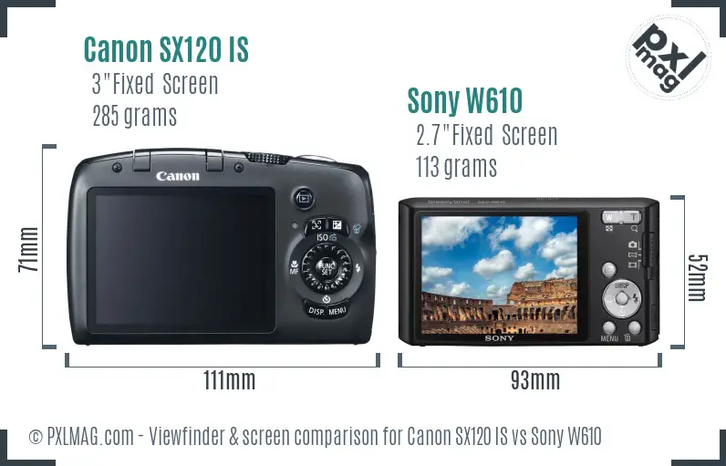 Canon SX120 IS vs Sony W610 Screen and Viewfinder comparison