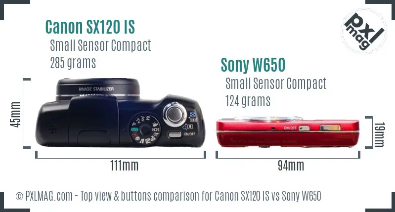Canon SX120 IS vs Sony W650 top view buttons comparison