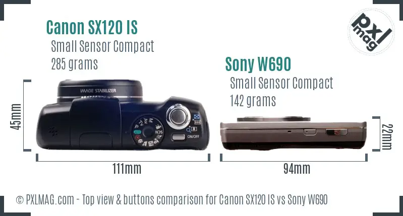 Canon SX120 IS vs Sony W690 top view buttons comparison