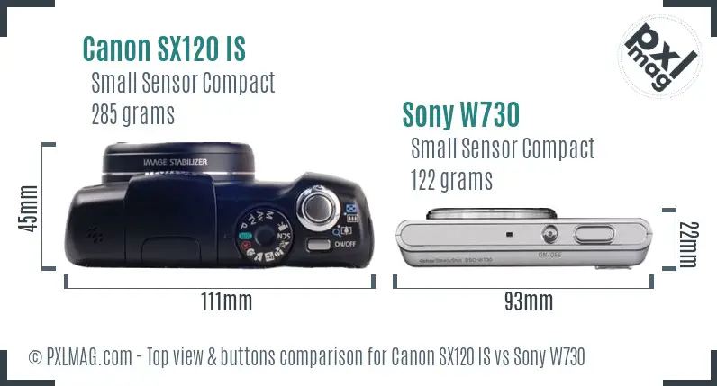 Canon SX120 IS vs Sony W730 top view buttons comparison Canon SX120 IS vs Sony W730 top view buttons comparison