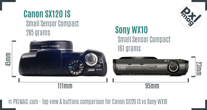 Canon SX120 IS vs Sony WX10 top view buttons comparison