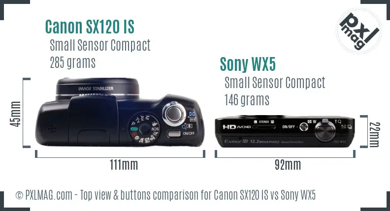 Canon SX120 IS vs Sony WX5 top view buttons comparison