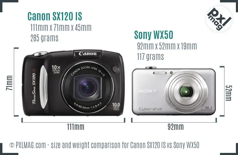 Canon SX120 IS vs Sony WX50 size comparison