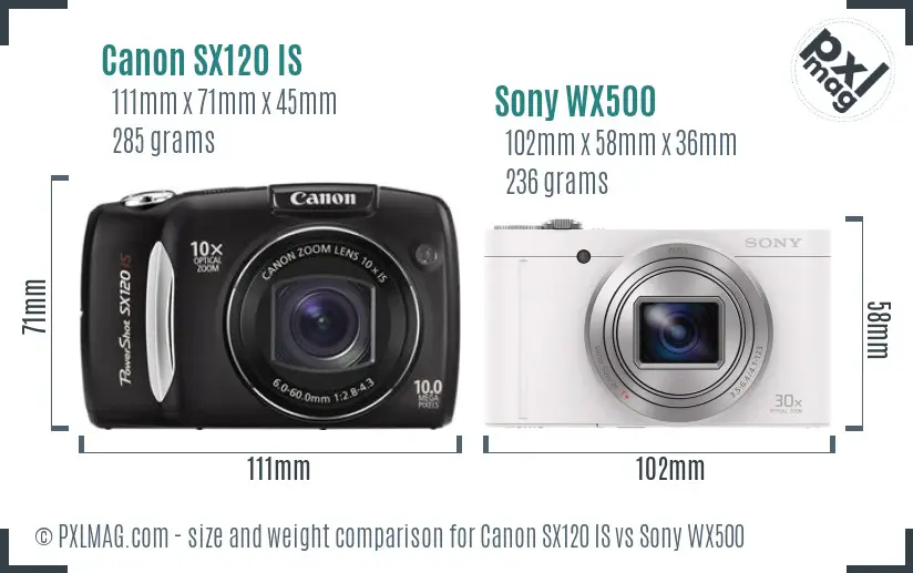 Canon SX120 IS vs Sony WX500 size comparison