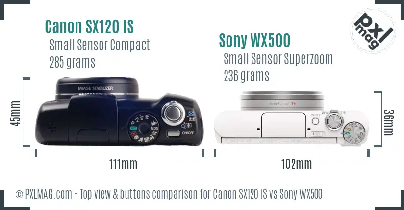 Canon SX120 IS vs Sony WX500 top view buttons comparison