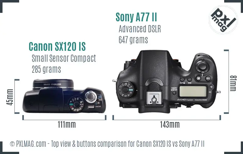 Canon SX120 IS vs Sony A77 II top view buttons comparison