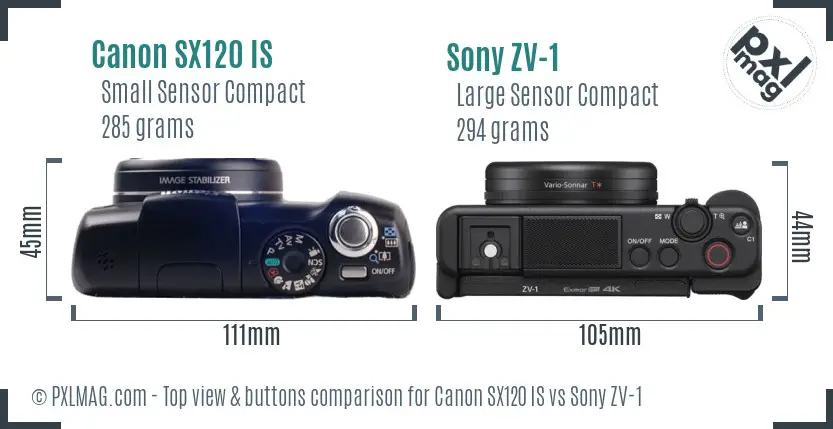 Canon SX120 IS vs Sony ZV-1 top view buttons comparison Canon SX120 IS vs Sony ZV-1 top view buttons comparison