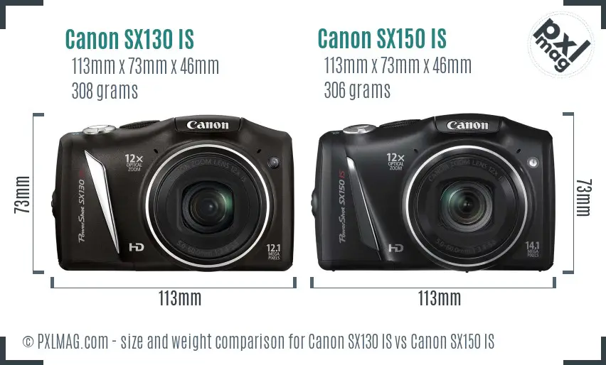Canon SX130 IS vs Canon SX150 IS size comparison