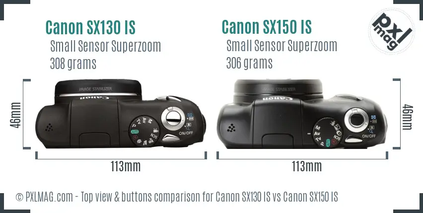 Canon SX130 IS vs Canon SX150 IS top view buttons comparison