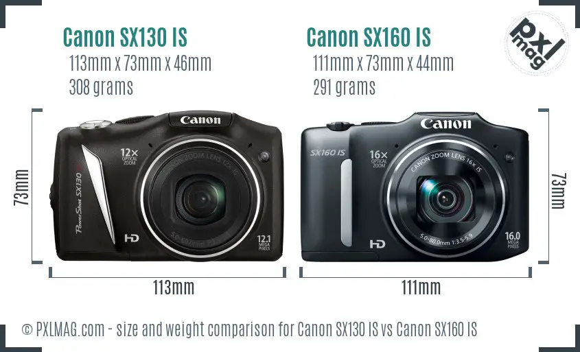 Canon SX130 IS vs Canon SX160 IS size comparison