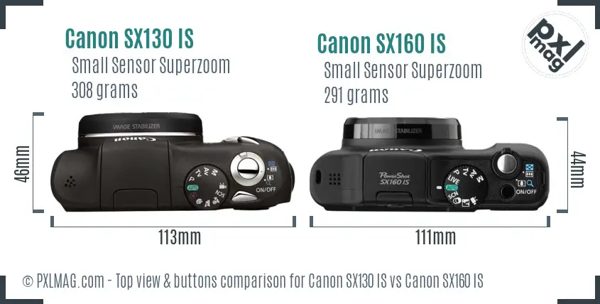 Canon SX130 IS vs Canon SX160 IS top view buttons comparison