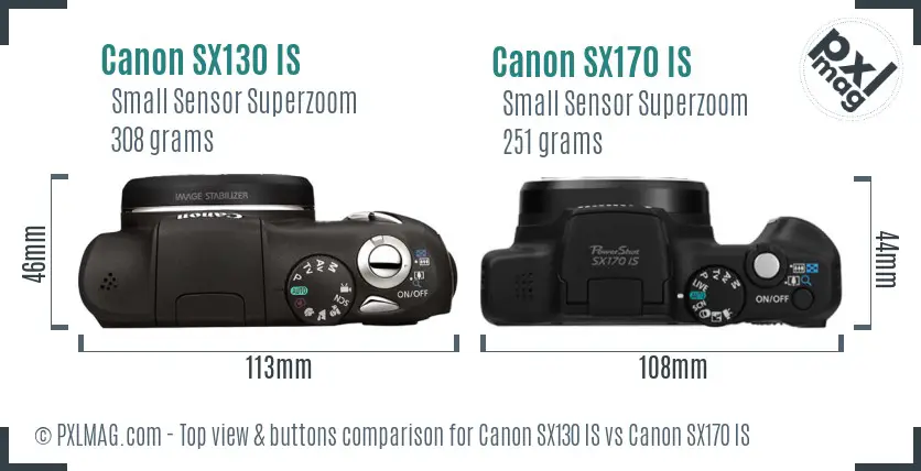Canon SX130 IS vs Canon SX170 IS top view buttons comparison