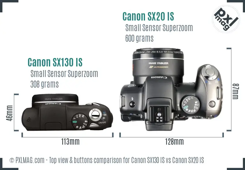 Canon SX130 IS vs Canon SX20 IS top view buttons comparison