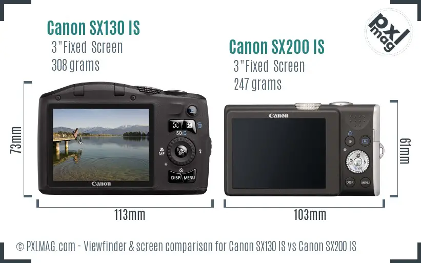 Canon SX130 IS vs Canon SX200 IS Screen and Viewfinder comparison