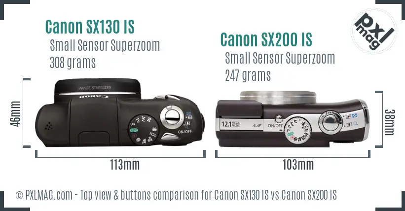 Canon SX130 IS vs Canon SX200 IS top view buttons comparison