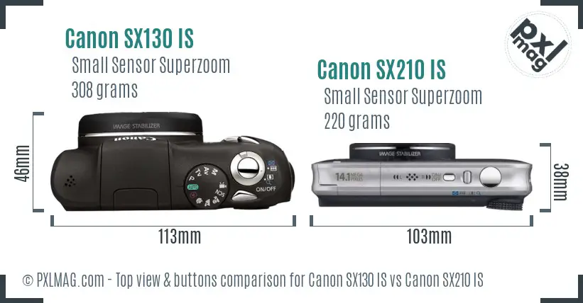 Canon SX130 IS vs Canon SX210 IS top view buttons comparison