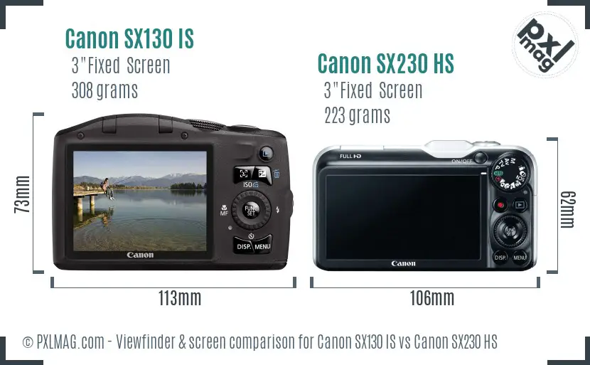 Canon SX130 IS vs Canon SX230 HS Screen and Viewfinder comparison