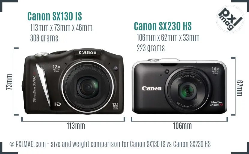 Canon SX130 IS vs Canon SX230 HS size comparison