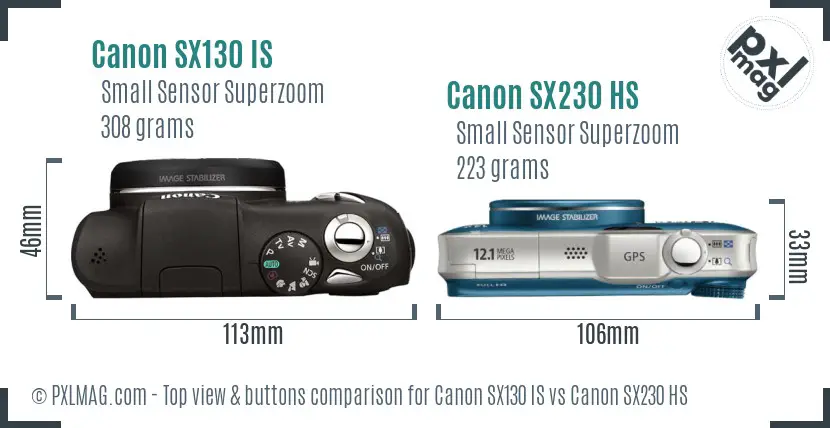 Canon SX130 IS vs Canon SX230 HS top view buttons comparison