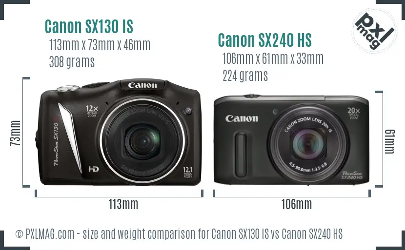 Canon SX130 IS vs Canon SX240 HS size comparison