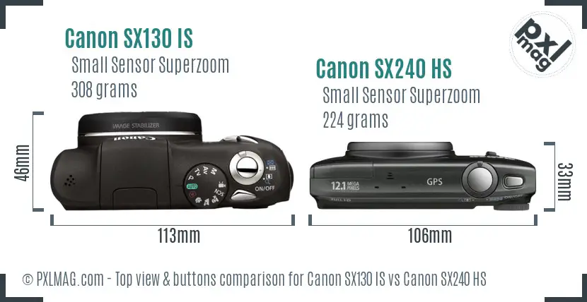Canon SX130 IS vs Canon SX240 HS top view buttons comparison