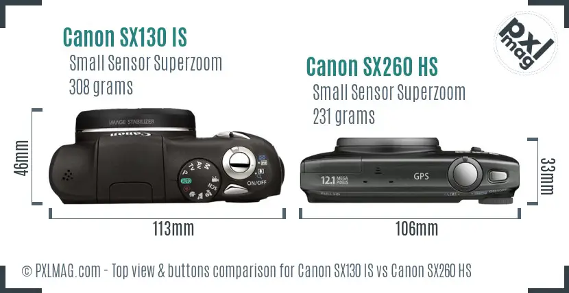 Canon SX130 IS vs Canon SX260 HS top view buttons comparison