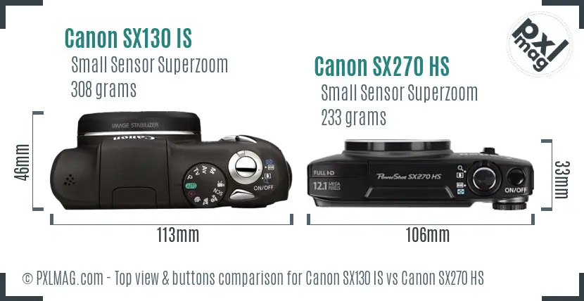 Canon SX130 IS vs Canon SX270 HS top view buttons comparison