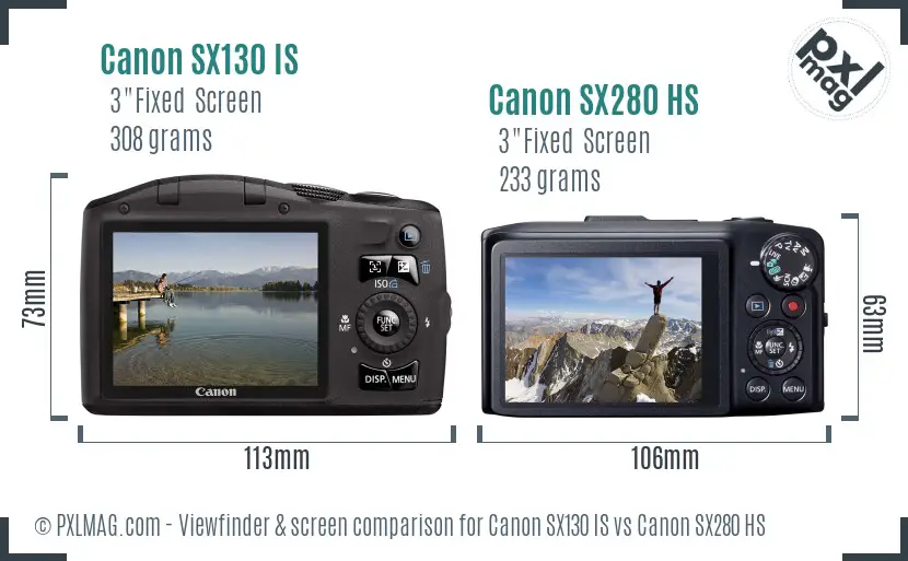 Canon SX130 IS vs Canon SX280 HS Screen and Viewfinder comparison