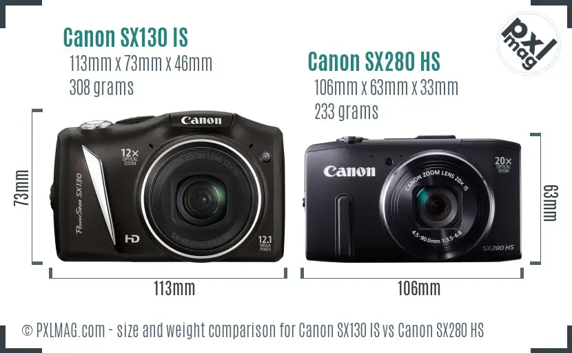 Canon SX130 IS vs Canon SX280 HS size comparison