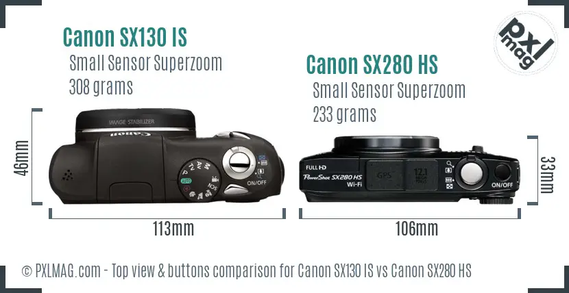 Canon SX130 IS vs Canon SX280 HS top view buttons comparison