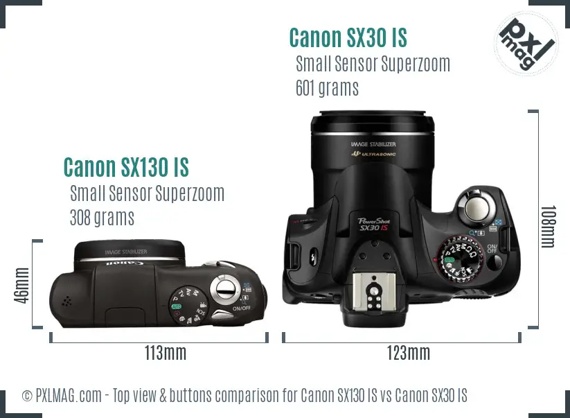 Canon SX130 IS vs Canon SX30 IS top view buttons comparison