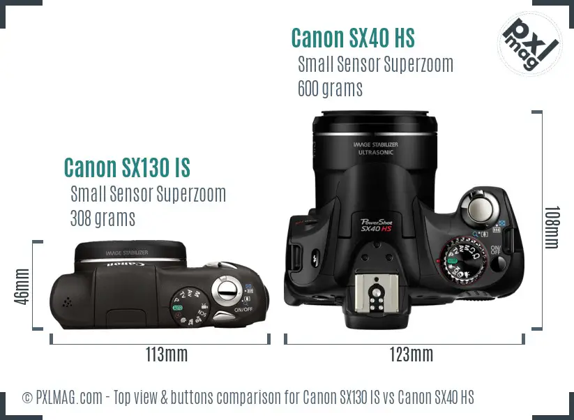 Canon SX130 IS vs Canon SX40 HS top view buttons comparison