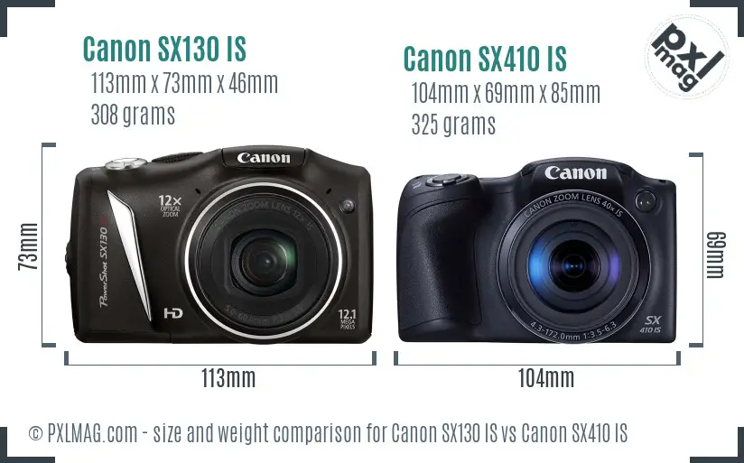 Canon SX130 IS vs Canon SX410 IS size comparison