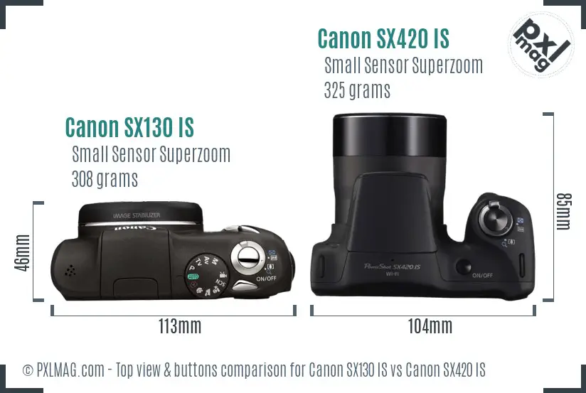 Canon SX130 IS vs Canon SX420 IS top view buttons comparison