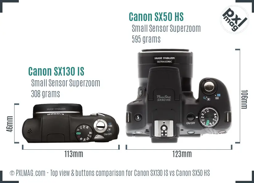 Canon SX130 IS vs Canon SX50 HS top view buttons comparison