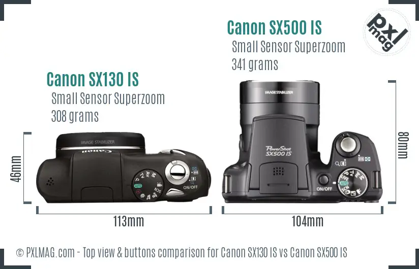Canon SX130 IS vs Canon SX500 IS top view buttons comparison