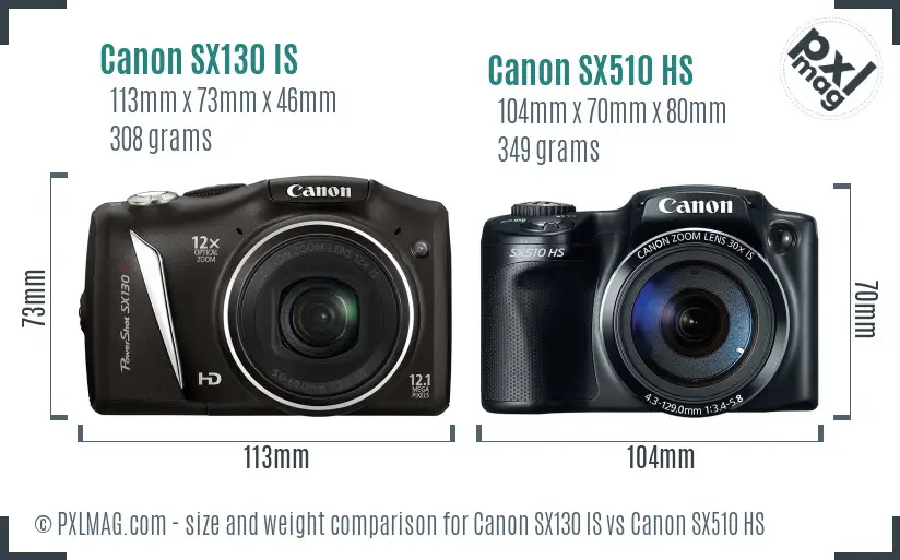 Canon SX130 IS vs Canon SX510 HS size comparison
