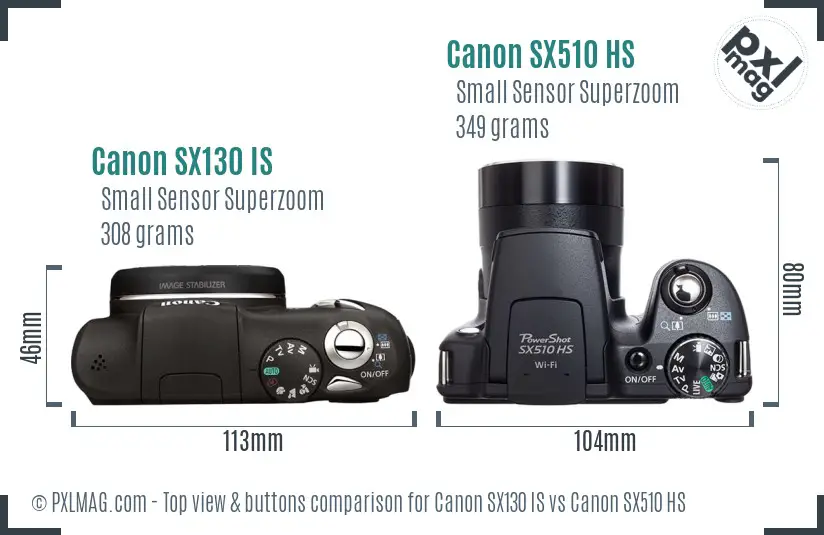 Canon SX130 IS vs Canon SX510 HS top view buttons comparison