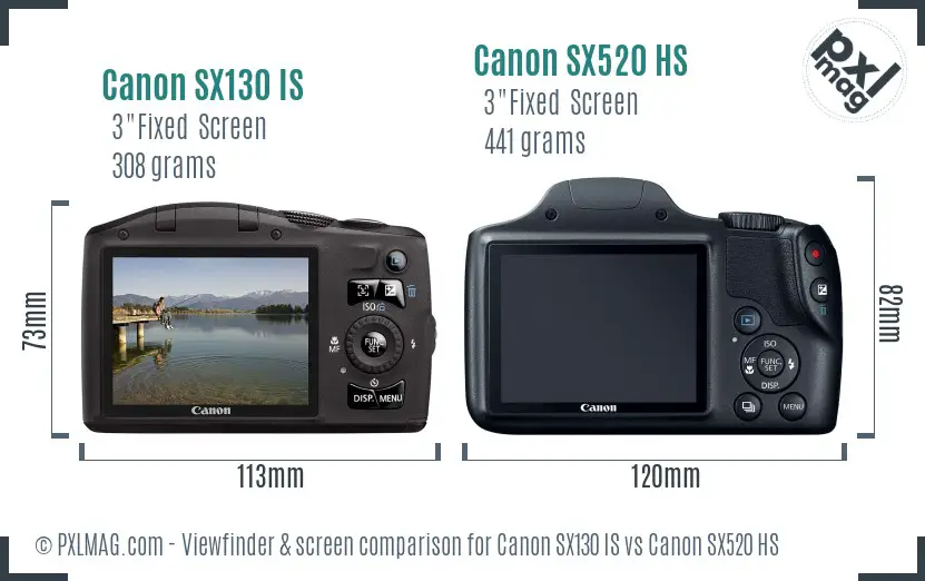 Canon SX130 IS vs Canon SX520 HS Screen and Viewfinder comparison